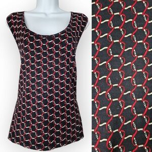 Talbots black red white & gold silk nautical links blouse top Womens Large